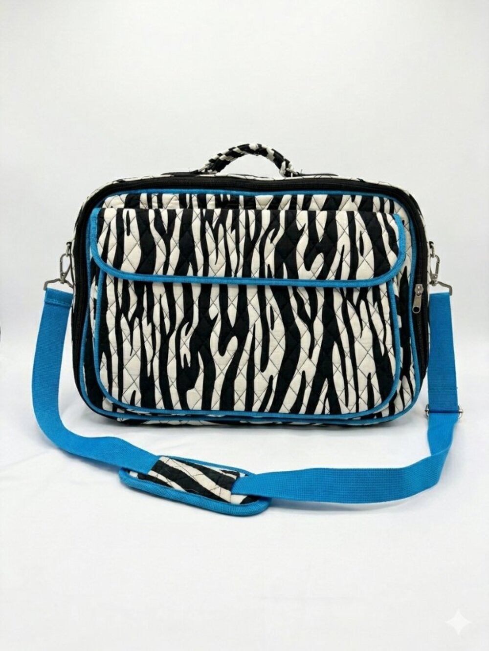 Quilted Zebra Print Laptop Bag Black White Blue Trim Adjustable Detachable Strap